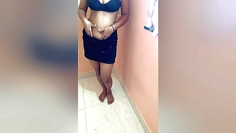 Busty indian brunette in pink dress and leather heels solo