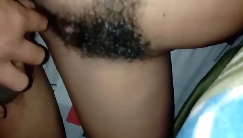 Amateur stepbrother fucks his hairy twat with a big dildo