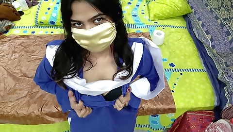 Chick in brown clothes in school uniforms masturbating
