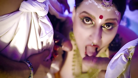 Indian brunette milf enjoys a threesome with two big cocks