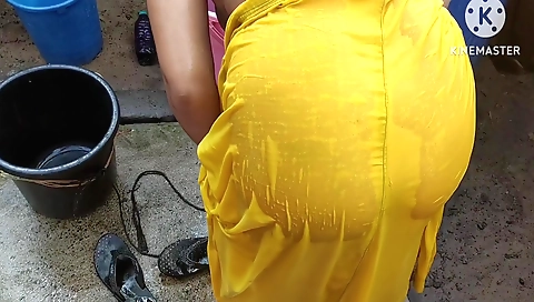 Bathed in the outdoor by a brunette with a big ass