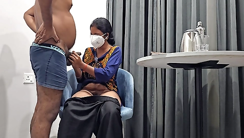 Brunette with a sexy body giving a hot handjob and blowjob