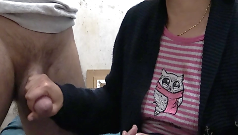 Hot amateur handjob with stepmother giving it to her son
